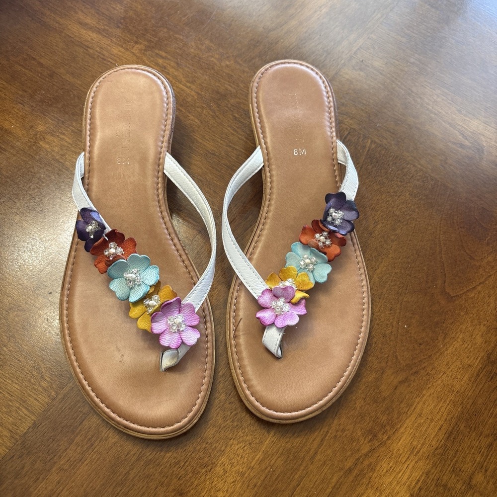 Nine West White Floral Rhinestone Wedge Sandals Slip-On Women's US 8
